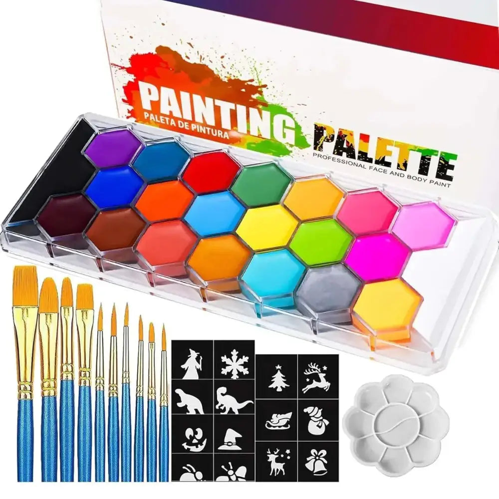 A vibrant professional 16-color body paint palette with solid pigment pans in a clear plastic case for oil face use