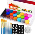 A vibrant professional 16-color body paint palette with solid pigment pans in a clear plastic case for oil face use