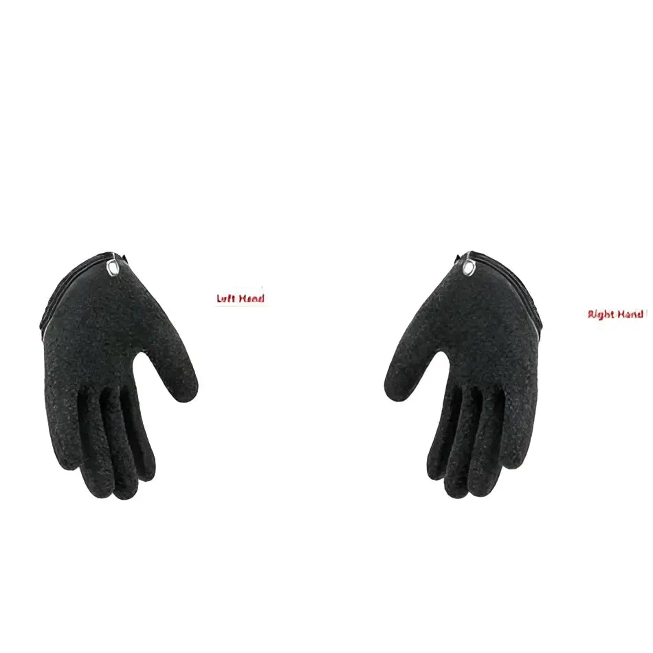 Black textured latex fishing gloves with zipper closures labeled left and right hand for professional fisherman catch puncture scrapes