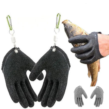 Black textured latex fishing gloves with green carabiner clips and white retractable lanyards for professional fisherman catch protection against puncture scrapes