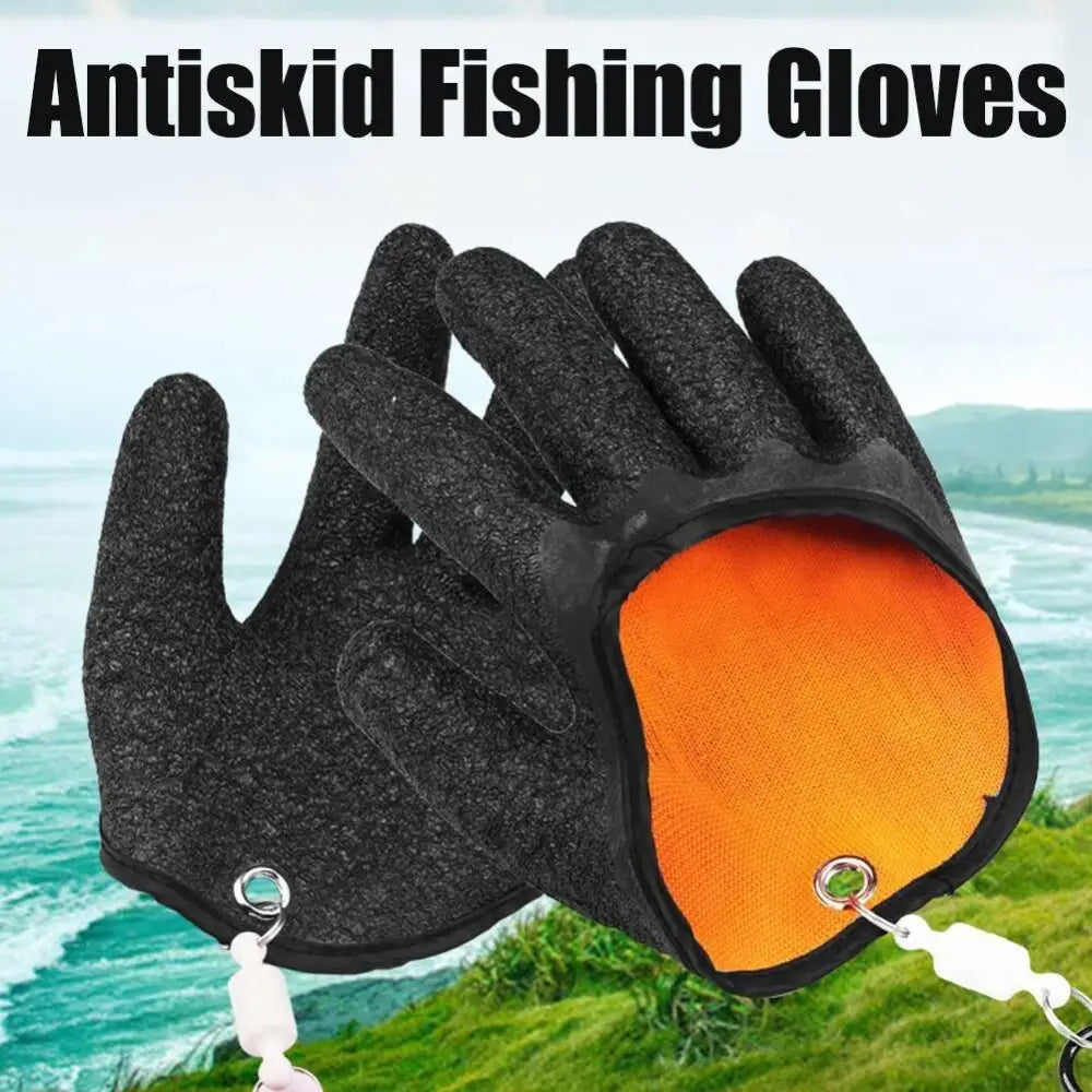 Black and orange latex fishing gloves with textured grip surfaces for professional fisherman catch preventing puncture scrapes