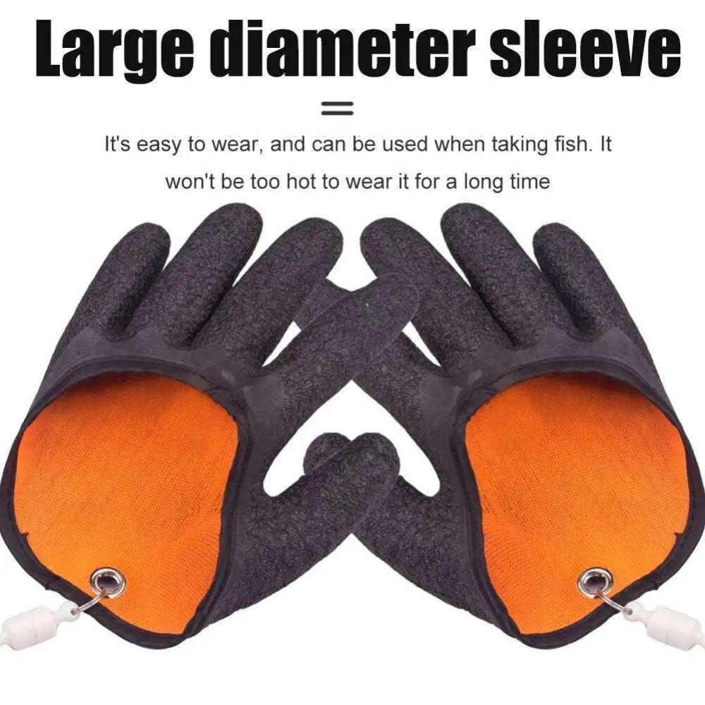 Professional fisherman catch latex fishing gloves in black and orange with textured grip and large diameter sleeve design for puncture scrapes protection