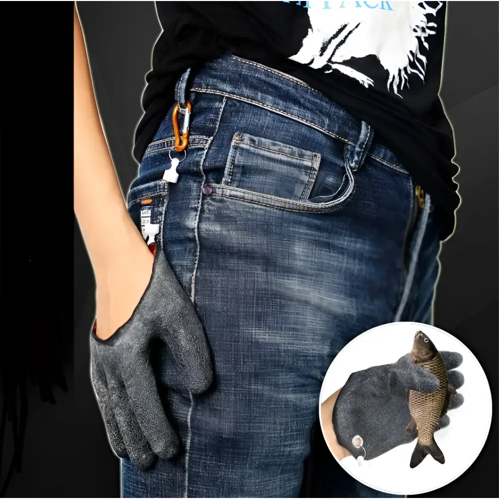 Dark gray textured latex fishing gloves with orange carabiner clip designed for professional fisherman catch and puncture scrapes protection