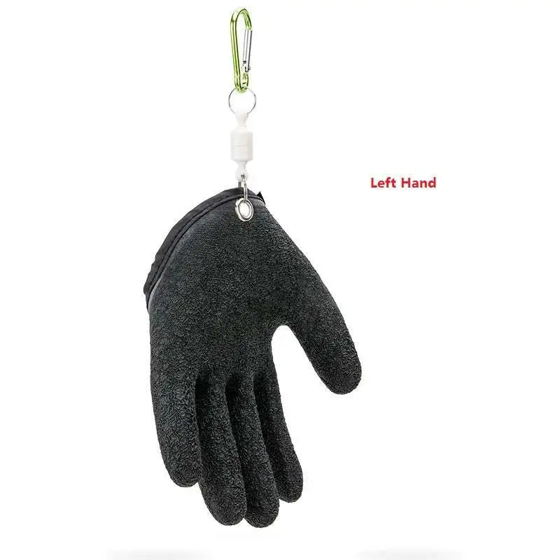 Black textured latex fishing gloves with green carabiner clip for professional fisherman catch protection against puncture scrapes