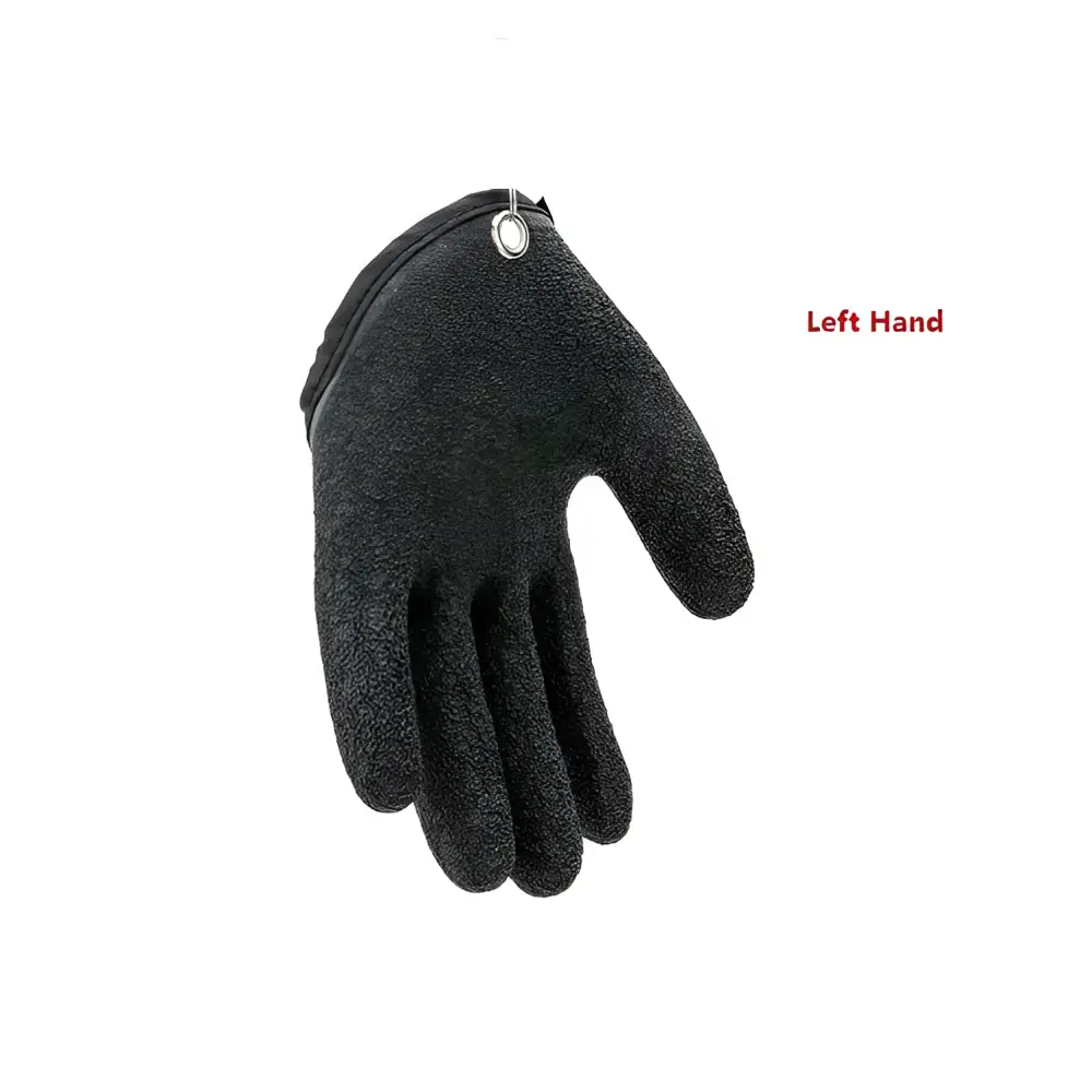 Black textured latex fishing gloves with metal ring wrist for professional fisherman catch protecting from puncture scrapes