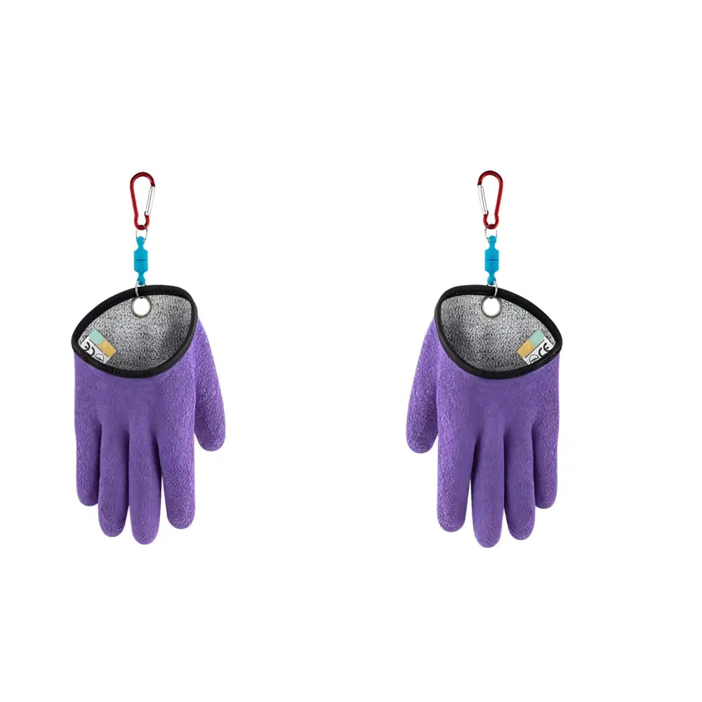 Purple fleece professional fisherman catch latex fishing gloves with black lining and red carabiner clips for puncture scrapes protection