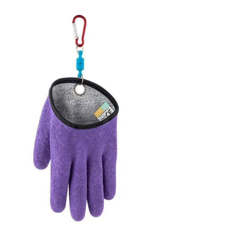 Professional fisherman catch purple latex fishing gloves with black-lined interior and red carabiner for puncture scrapes