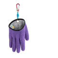 Professional fisherman catch latex fishing gloves in purple microfiber with black trim and red carabiner clip for puncture scrapes