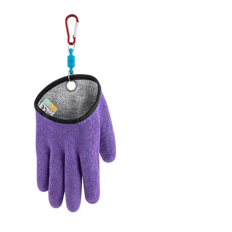 Professional fisherman catch latex fishing gloves in purple microfiber with black trim and red carabiner clip for puncture scrapes