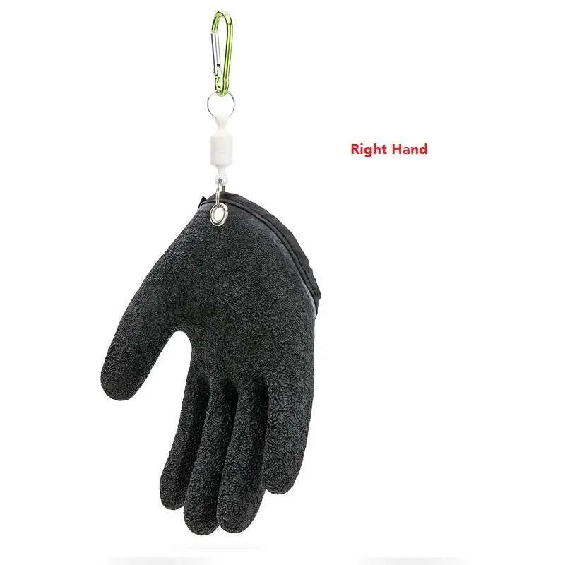 Black textured latex fishing gloves keychain with green carabiner clip for professional fisherman catch against puncture scrapes