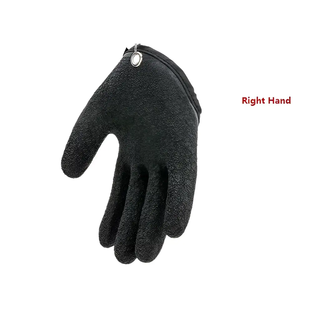 Black textured latex fishing gloves with metallic wrist ring designed for professional fisherman catch and puncture scrapes protection