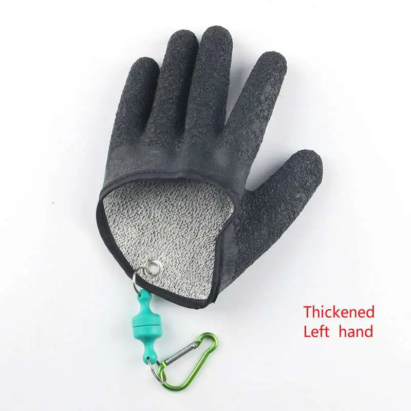 Black textured latex fishing gloves with gray mesh interior and teal-green carabiner for professional fisherman catch puncture scrapes