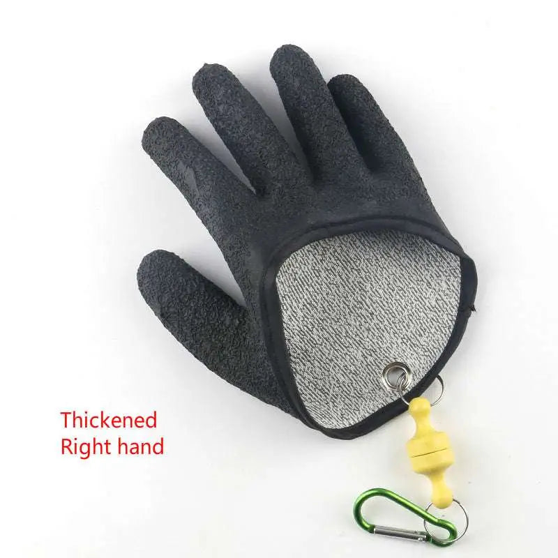 Black latex fishing gloves with textured grip, reinforced palm and fingers, gray mesh back for professional fisherman catch protection against puncture scrapes