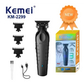 Black Kemei KM-2299 professional hair clipper set with textured grip and three adjustable comb attachments for precision grooming