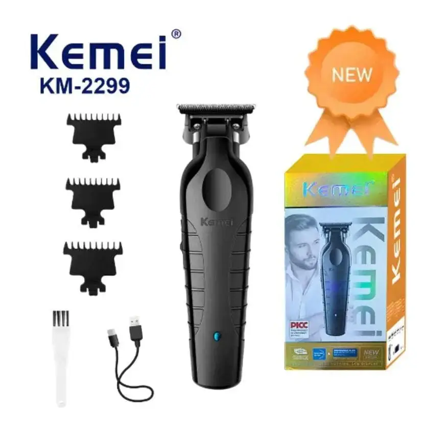 Black Kemei KM-2299 professional hair clipper set with textured grip and three adjustable comb attachments for precision grooming