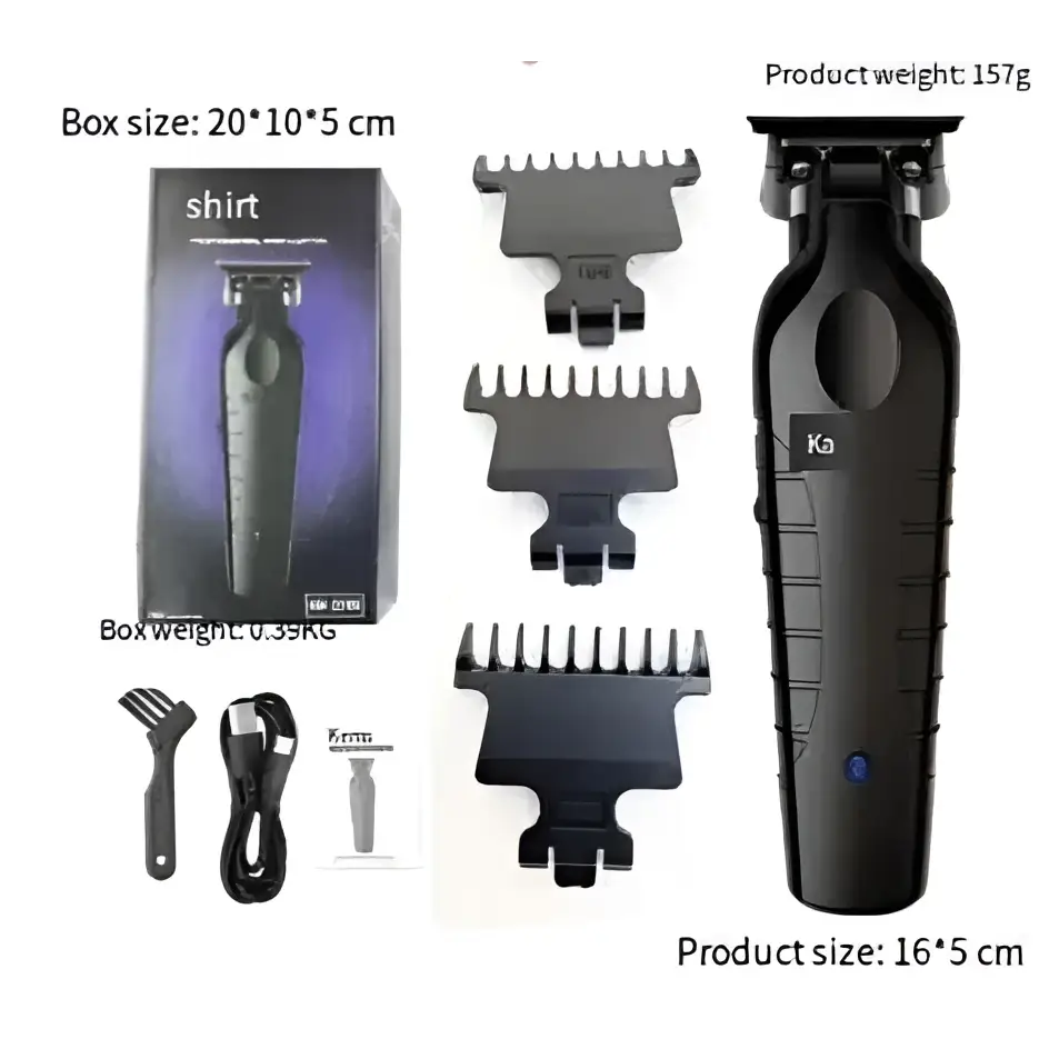 Black professional hair clipper set with adjustable comb attachments and charging cable for precise grooming