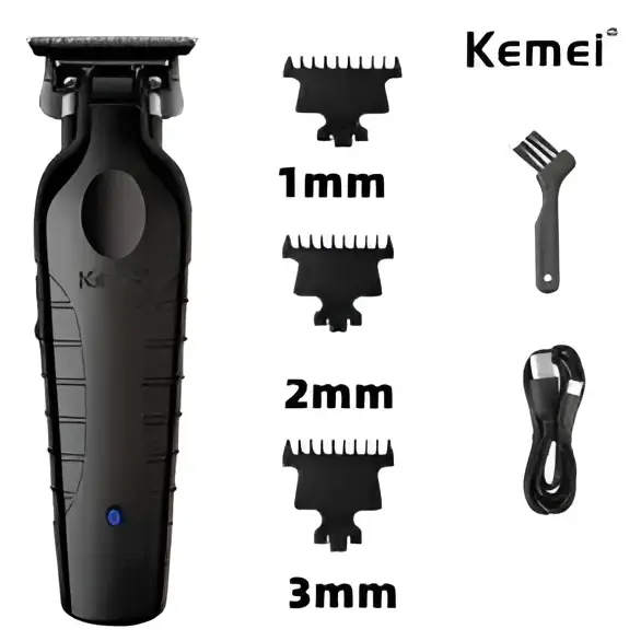 Black professional hair clipper set with adjustable comb attachments and charging cable for precise grooming