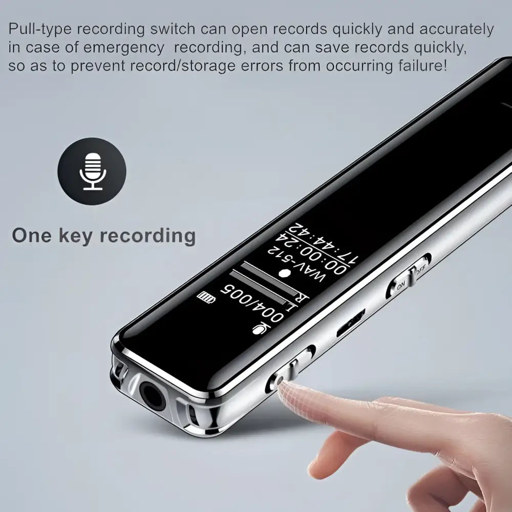 Professional recording pen with noise reduction technology featuring silver black design and metallic edges lcd screen