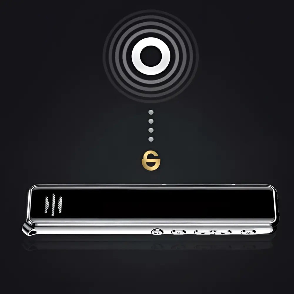 Silver-framed professional recording pen with noise reduction technology featuring metallic edges and a black screen