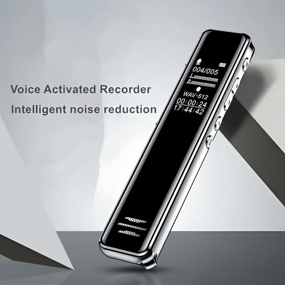 Professional recording pen with noise reduction technology featuring silver and black metallic edges and sleek finish