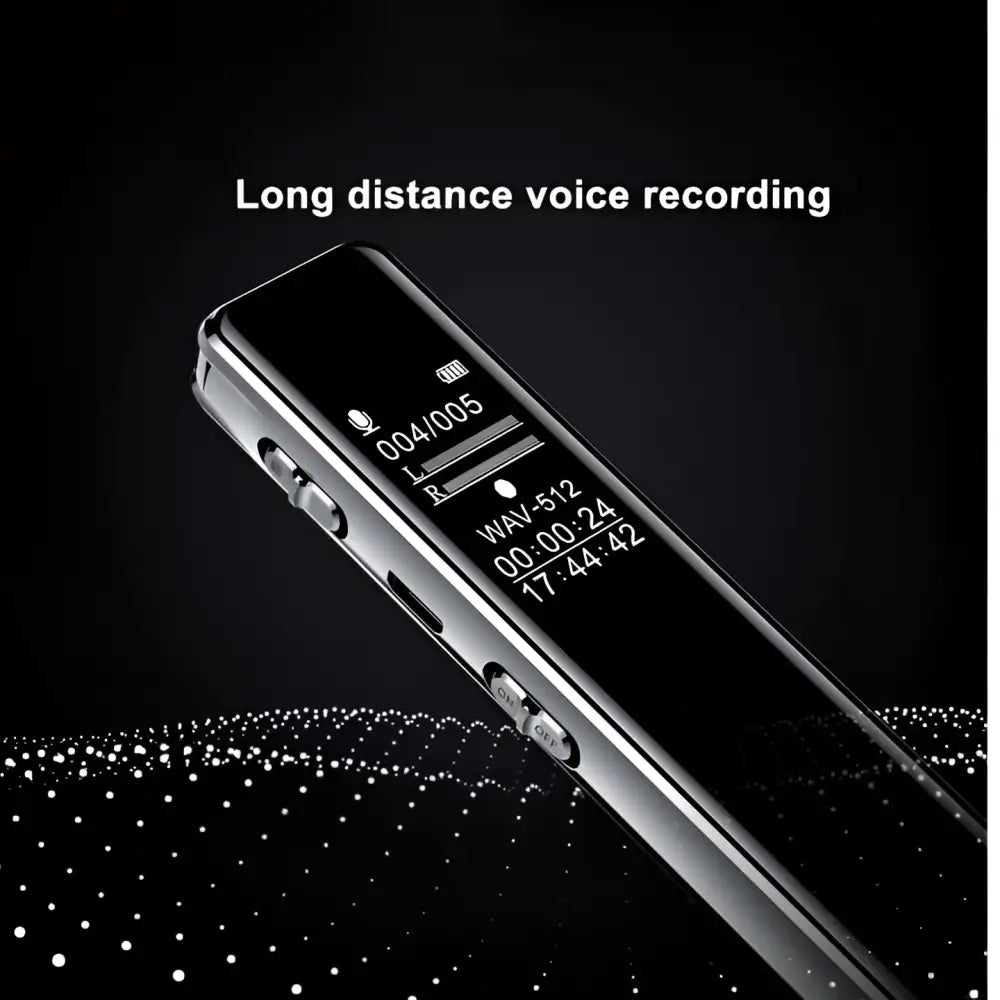 Silver professional recording pen with noise reduction technology and metallic edges displaying recording time on screen