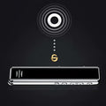 Silver-framed professional recording pen with noise reduction technology black screen and metallic edges gold logo