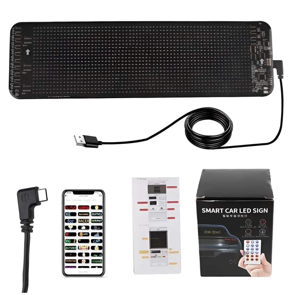 Black rectangular programmable car led sign with full color led matrix and usb charging cable for vehicle display