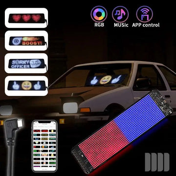 A sleek rectangular programmable car led sign with a black frame and vibrant rgb led matrix lighting shifting colors