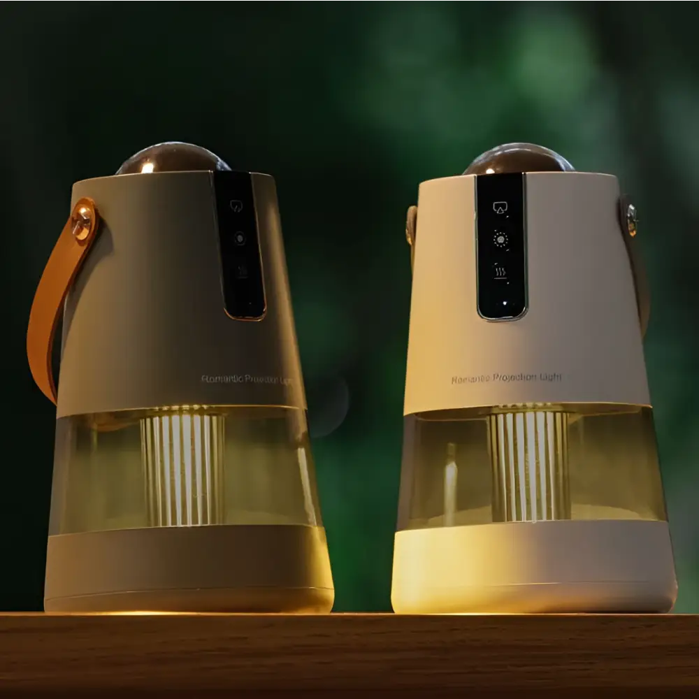 Two matte beige cylindrical projection mosquito repellent night light lanterns with transparent glass bases emitting warm glow