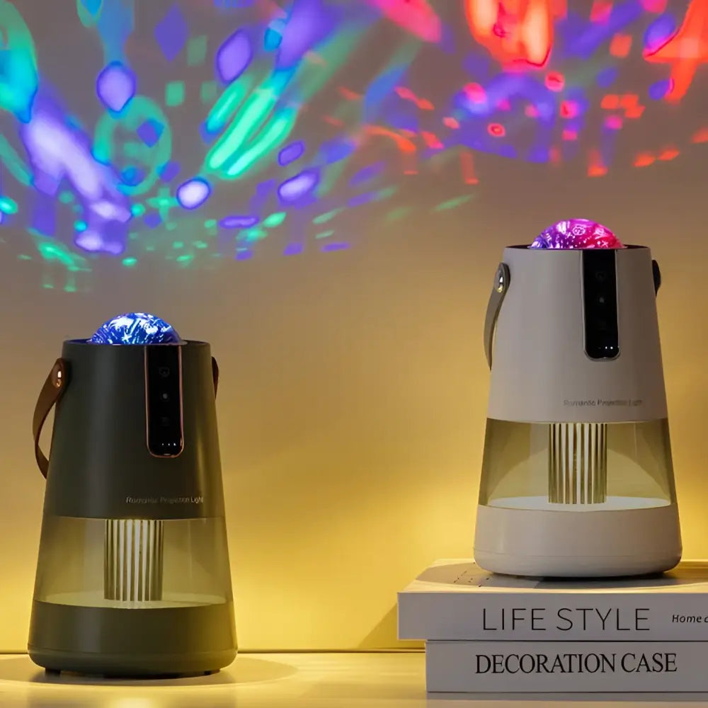 Two modern projection mosquito repellent night light lanterns with matte gray and white finishes casting vibrant rainbows