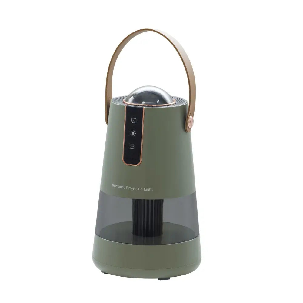 Olive green cylindrical projection mosquito repellent night light lantern with rose gold handle and transparent base