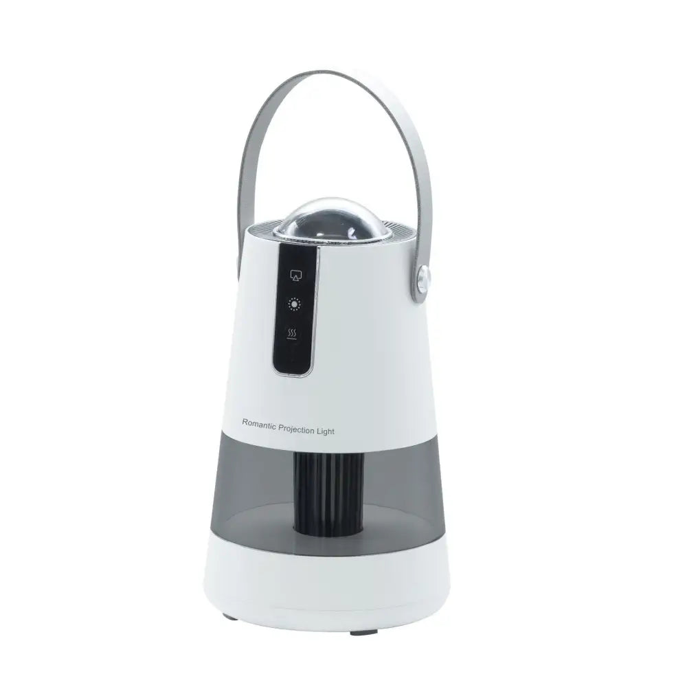 White and gray cylindrical projection mosquito repellent night light lantern with sleek design and portable handle