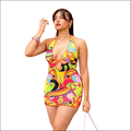 Vibrant psychedelic sleeveless halterneck dress with neon and pastel floral motifs in a halterneck style