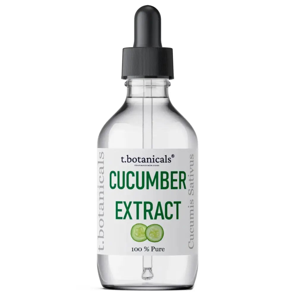 Clear glass bottle of t.botanicals pure cucumber extract with black dropper cap for skin care and face masks