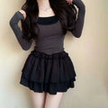 Black tiered ruffle pure desire style pettiskirt slimming ballet skirt paired with gray long-sleeved top