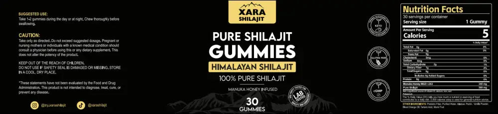Black and gold package of xara pure himalayan shilajit gummies infused with manuka honey 30 count tablets bottle