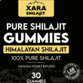 Black and yellow package of xara shilajit pure himalayan shilajit gummies 30 count tablets bottle for wellness