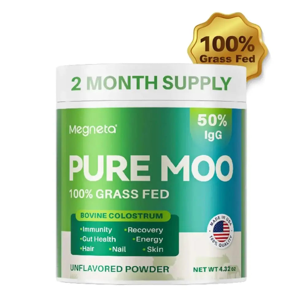 Green and white cylindrical container of Magneta pure moo colostrum powder rich in gut health and anti-aging benefits