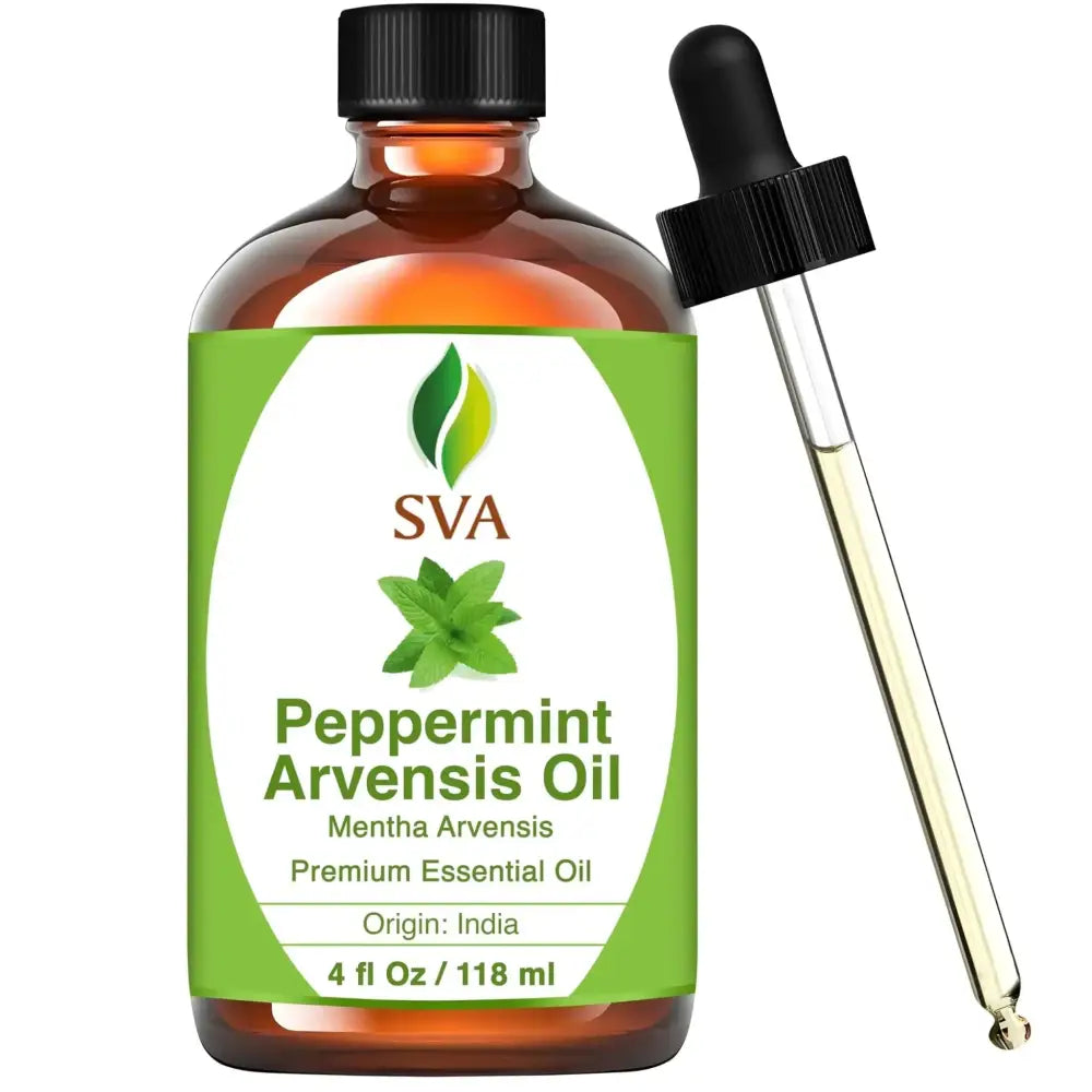 A clear amber glass bottle of sva peppermint arvensis oil with black dropper cap contains pure peppermint essential oil 4oz