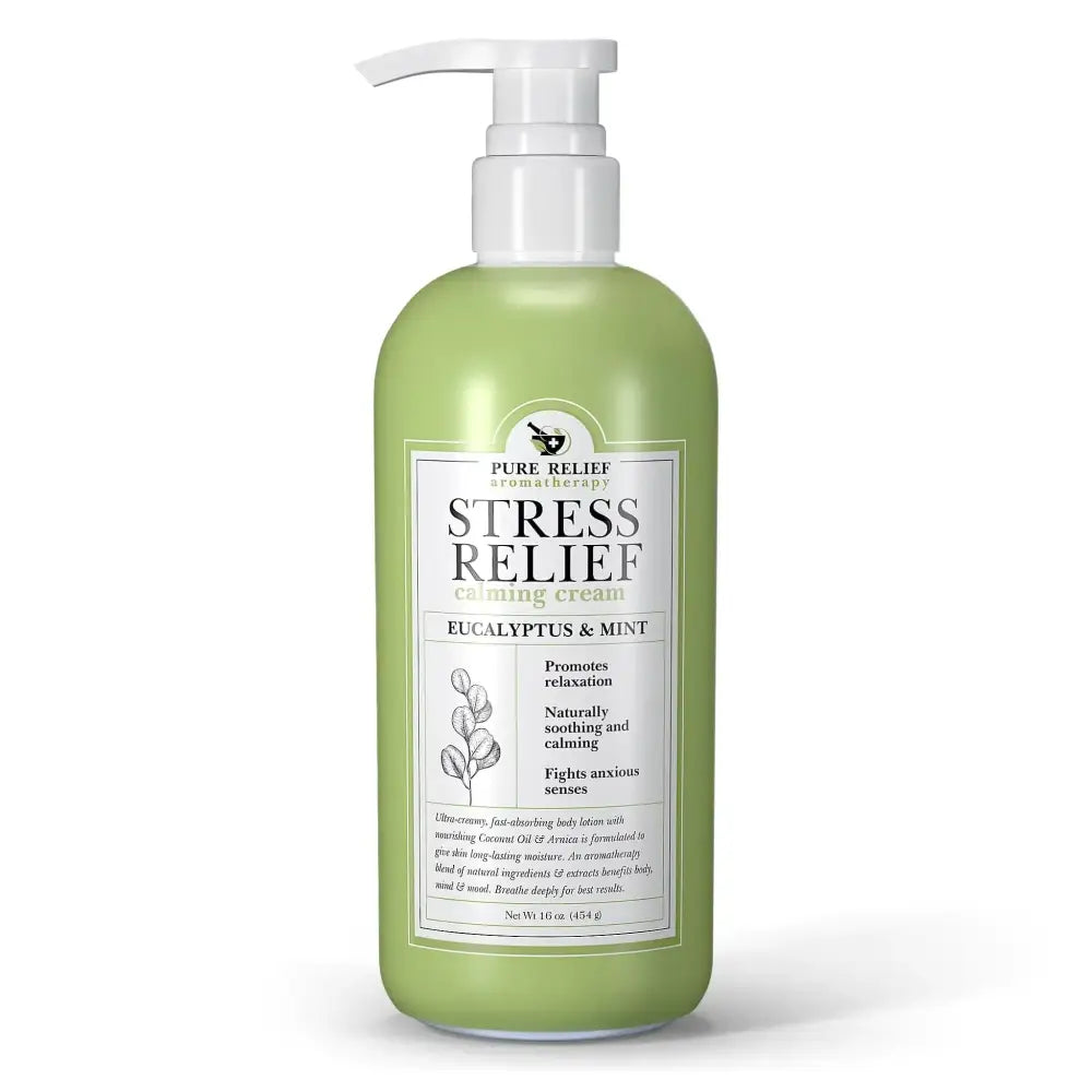 A light green opaque plastic bottle with white pump of pure relief eucalyptus stress relief lotion with coconut oil
