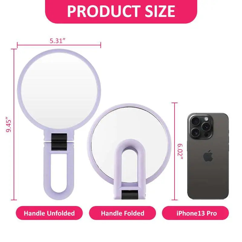 Lavender-colored foldable handle mirror with 10x magnification and black rubberized grip accents for precise use