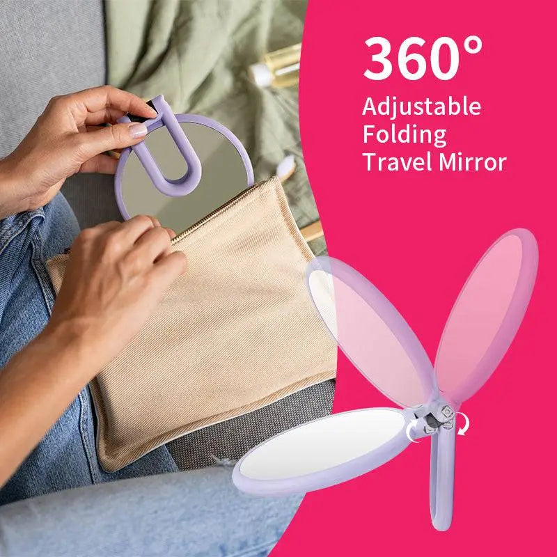 Lavender-colored foldable handle mirror with 10x magnification features a sleek plastic frame and flexible 360-degree hinge design