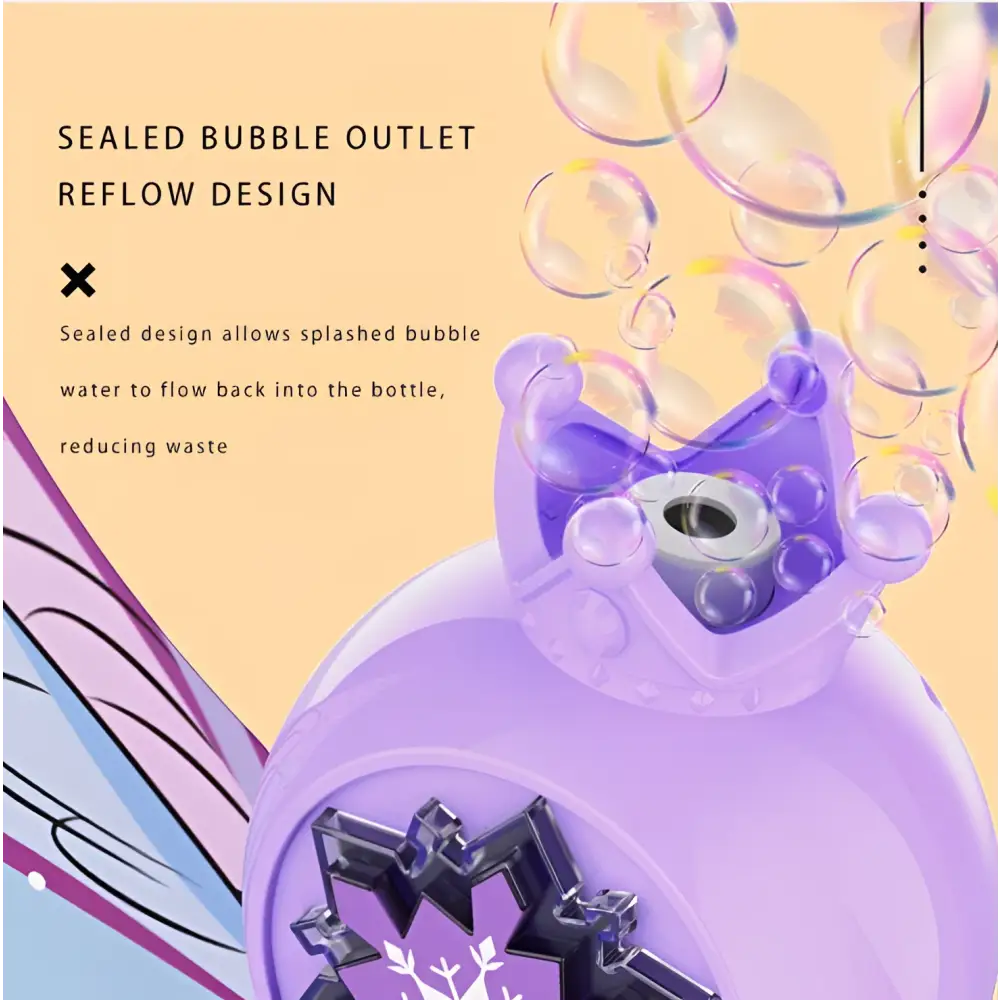 Purple plastic bubble stick featuring sealed outlet and black snowflake design in the purple butterfly fairy series