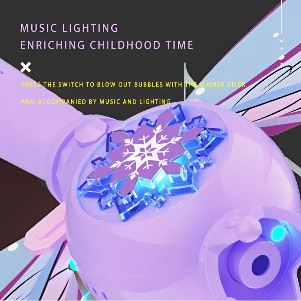 Purple butterfly fairy bubble stick featuring a purple plastic wand with glowing blue snowflake and music lighting