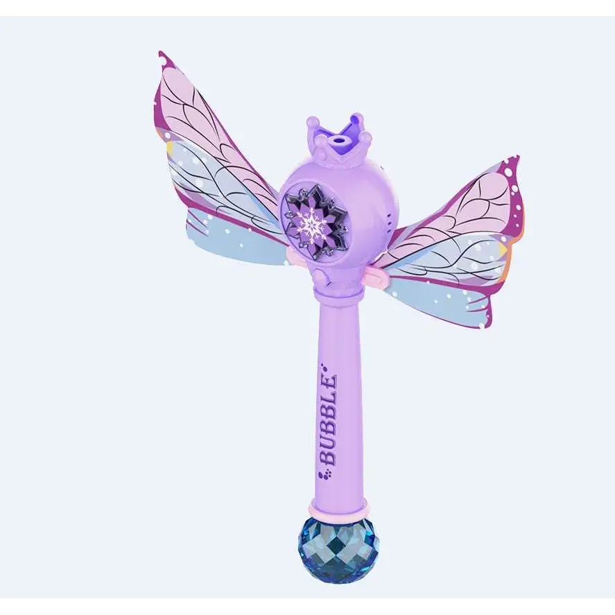 Purple butterfly fairy bubble stick featuring a faceted blue crystal base and translucent wings with crown detail