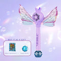 Purple butterfly fairy bubble stick featuring a bubble wand with translucent wings and a faceted blue crystal base