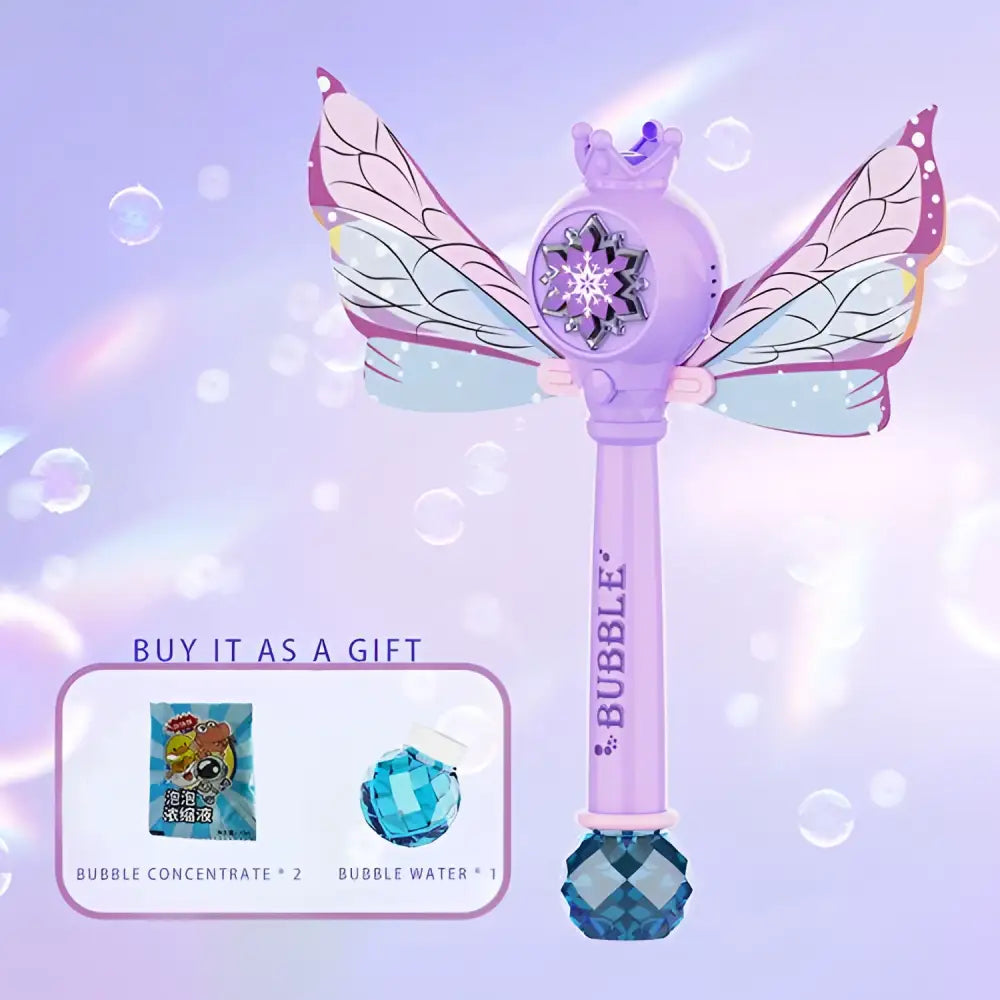 Purple butterfly fairy bubble stick featuring a bubble wand with translucent wings and a faceted blue crystal base