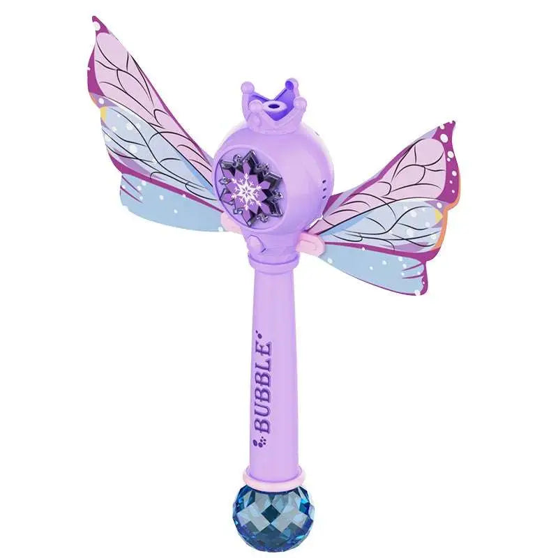 Purple butterfly fairy bubble stick featuring a purple wand with translucent butterfly wings and a blue crystal ball base