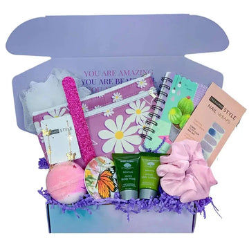 Purple daisy cosmetic bag with white daisies and zipper closure ideal for teen girl gift box and mini shower gel storage