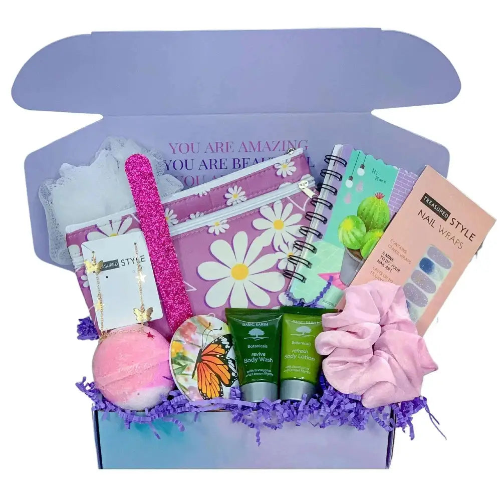 Purple daisy cosmetic bag with white daisies and yellow centers featuring a zipper closure for teen girl gift box